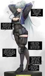  arms_above_head bangs belt bodysuit breasts cleavage cleavage_cutout clothed confused dazed dialogue display drool empty_eyes english_text eroborne expressionless eye_roll eyebrows_visible_through_hair facial_markings female_only femsub girls_frontline hair_ornament hk416_(girls_frontline) knee_pads long_hair open_mouth ponytail posed rubber sign silver_hair simple_background solo speech_bubble standing statue straight-cut_bangs symbol text tight_clothing white_background yellow_eyes 