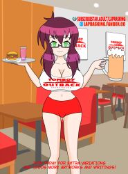  ass ass_expansion bimbofication breast_expansion breasts food gemna_(mezz+pokemongirl) glasses green_eyes happy_trance hooters huge_breasts huge_hips laprasking looking_at_viewer original purple_hair short_shorts tank_top thick_thighs tray waitress 