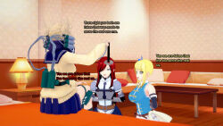  3d blonde_hair erza_scarlet fairy_tail femdom femsub happy_trance himiko_toga large_breasts long_hair lucy_heartfilia my_hero_academia red_hair sonrio12 text 