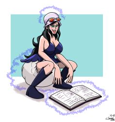 age_regression black_hair blue_eyes blush book diaper femsub happy_trance hat long_hair magic nico_robin one_piece open_mouth simple_background tongue tongue_out