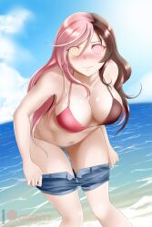 bikini blush breasts brown_hair cleavage embarrassed female_only femsub heterochromia icontrol_(manipper) jean_shorts kimmy77 large_breasts long_hair looking_at_viewer manip multicolored_hair navel neopolitan pink_hair rwby shorts solo spiral_eyes swimsuit symbol_in_eyes water