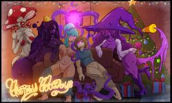 bare_breasts bare_legs christmas christmas_tree dizzytube gift glowing_eyes hypnotic_screen jeans mushroom mushroom_girl slime spiral spiral_eyes tentacles