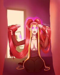  breasts dazed expressionless femsub hairjob hairmouser handjob hypnotic_screen kneeling large_breasts long_hair multicolored_hair multiple_boys open_mouth open_shirt original penis red_hair spiral_eyes symbol_in_eyes tech_control threesome twintails very_long_hair 