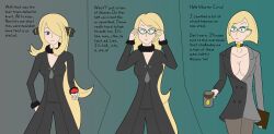  alternate_costume alternate_hairstyle black_eyes breasts business_suit choker cleavage clipboard collarbone corporatification cynthia dialogue dress enemy_conversion female_only femsub forced_employee glasses hair_covering_one_eye hair_ornament happy_trance hy2300 large_breasts maledom nintendo pokeball pokemon pokemon_diamond_pearl_and_platinum short_hair shrunken_irises simple_background smile spiral_eyes symbol_in_eyes team_galactic text very_long_hair 
