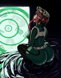 absurdres bodysuit breasts femsub foolycooly frog_girl gemna_(mezz+pokemongirl) large_breasts latex long_hair my_hero_academia open_mouth original smile spiral_eyes symbol_in_eyes text tongue tongue_out tsuyu_asui