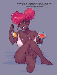accidental_hypnosis bare_shoulders cleavage dark_skin denial drool erocoffee feet jess_(kylewtb) large_breasts original pendulum pink_hair pocket_watch self_hypnosis spiral_eyes