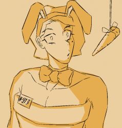  bodysuit bow_tie bunny_boy bunny_ears carrot clothed collarbone easter empty_eyes expressionless fake_animal_ears femboy male_only malesub mole monochrome original pendulum seppakuro short_hair shrunken_irises simple_background solo 