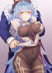  arms_above_head arms_behind_back bangs blue_hair blush breast_fondling breast_grab breasts cowbell empty_eyes erect_nipples femsub ganyu_(genshin_impact) genshin_impact gloves goat_girl groping k0ng_ lactation large_breasts large_hips latex long_hair looking_at_viewer maledom manip milking misterman4_(manipper) open_mouth sweat tagme thighhighs undressing 