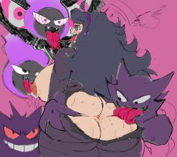 androgynous_dom anus ass ass_grab breasts drool emboquo empty_eyes femsub gastly gengar ghost group_sex haunter hex_maniac hypnotic_eyes large_ass large_breasts licking long_hair long_tongue multiple_doms nintendo nipples pokemon pokemon_(creature) pokemon_x_and_y pokephilia spit_trail spread_anus torn_clothes