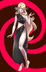  anklet blonde_hair collarbone cynthia dress empty_eyes expressionless eyebrows_visible_through_hair female_only femsub grey_eyes hair_covering_one_eye hair_ornament katsiika navel nintendo open_mouth pokemon pokemon_diamond_pearl_and_platinum posing simple_background solo spiral spiral_background standing toga very_long_hair 