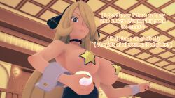 aware blonde_hair breasts bunny_ears bunnysuit clothed clothed_exposure cynthia dialogue english_text female_only grey_eyes hair_covering_one_eye mustardsauce pokemon pokemon_(anime) solo text