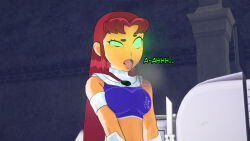 ahegao body_control breath clothed confused dc_comics dialogue dogdog english_text femsub glowing_eyes green_eyes open_mouth orgasm red_hair starfire text tongue tongue_out