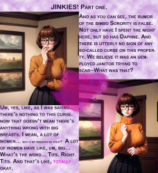  ai_art before_and_after bimbofication breast_expansion breasts caption femsub gregory_michelson_(generator) large_breasts manip scooby-doo_(series) text transformation velma_dinkley 