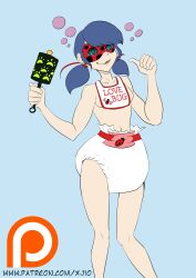 absurdres age_regression blue_hair diaper femsub happy_trance marinette_dupain-cheng mask miraculous_ladybug rattle spiral_eyes super_hero symbol_in_eyes twintails xjio