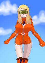  absurdres alternate_costume blonde_hair boots breasts clothed enemy_conversion erect_nipples female_only femsub grassvase_2 happy_trance huge_breasts nintendo pokemon pokemon_x_and_y serena shorts solo team_flare tech_control tie tight_clothing visor 