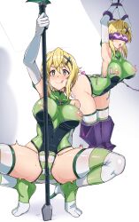  absurdres akatsuki_kirika armpits arms_above_head ass blonde_hair blush breasts breath cameltoe cleavage crotch_rub drool female_only femsub gloves glowing_eyes green_eyes hair_ornament happy_trance heart_eyes injection large_breasts leaning_forward leotard multiple_views navel nipples open_mouth opera_gloves panting pole_dancing pussy pussy_juice restrained senki_zesshou_symphogear sex_toy short_hair simple_background smile solo spread_legs symbol_in_eyes tech_control thighhighs tongue tongue_out twogie vibrator visor weapon white_background 