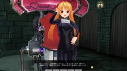  3d bodysuit brown_eyes catsuit chair collar custom_maid_3d_2 dialogue female_only femsub hand_on_head hand_on_hip japanese_text jewelry latex open_mouth orange_hair ribbon rubber saiminsyasinya smile solo standing standing_at_attention translation_request twintails 