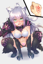  absurdres all_fours animal_ears atalanta_(fate) atalanta_alter_(fate) blush body_control breasts cleavage command_seal drool fate/grand_order fate_(series) femsub hypnotic_tattoo large_breasts lion_girl pet_play samoore silver_hair tattoo very_long_hair 