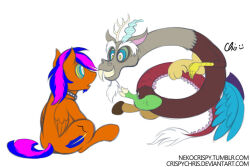 animals_only blue_hair collar crispychris discord expressionless horns horse hypnotic_eyes kaa_eyes maledom malesub multicolored_hair my_little_pony original purple_hair short_hair wings