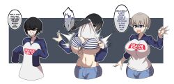 absurdres altered_common_sense before_and_after black_eyes black_hair blue_eyes border bra breast_expansion comic english_text erasethismail eye_color_change femsub grey_hair hair_color_change hana_uzaki heart jeans large_breasts midriff navel shirt shirt_lift short_hair smile speech_bubble text transfem transformation underwear uzaki-chan_wants_to_hang_out!