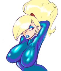  arms_above_head bimbofication blonde_hair blue_lipstick bodysuit breast_expansion clothed combos-n-doodles eyeshadow female_only hair_covering_one_eye large_breasts lipstick long_hair makeup metroid_(series) mole nintendo ponytail posing prostitution samus_aran simple_background white_background zero_suit 