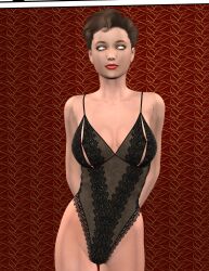 3d absurdres bare_shoulders breasts brown_hair cleavage collarbone erect_nipples expressionless female_only femsub huge_breasts jadenova karlin_(jadenova) original posing red_lipstick see-through short_hair solo thick_thighs whitewash_eyes