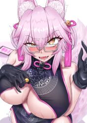 absurdres animal_ears blush breasts china_dress cleavage cleavage_cutout drool eyebrows_visible_through_hair fate/grand_order fate_(series) female_only femsub fox_girl glasses gloves hair_ornament heart heart_eyes huge_breasts hypnotic_screen koyanskaya kueru1285 looking_at_viewer open_mouth phone pink_hair resisting simple_background solo spiral spiral_eyes sweat symbol_in_eyes tail tears tech_control trembling white_background yellow_eyes