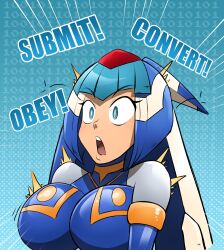 blue_eyes blue_hair drone dronification empty_eyes english_text fairy_leviathan femsub kobi94 latex megaman_(series) megaman_zero open_mouth robot_girl robotic_trance subliminal surprised tagme text tongue