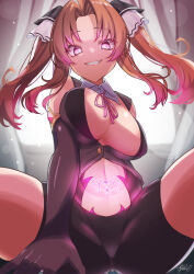  ayuman_oekaku bare_shoulders bow_tie brown_hair cleavage crotch_tattoo empty_eyes female_only femsub gloves glowing glowing_eyes happy_trance jewelry kagerou_(kantai_collection) kantai_collection large_breasts looking_at_viewer navel opera_gloves pink_eyes signature smile solo spread_legs tattoo tight_clothing twintails 