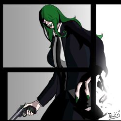 accord_(accord) doctorpewtis femsub gradient_background green_hair green_lipstick gun killer7 lineart mask original smile spiral_eyes suit