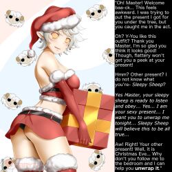 animal_ears ass belted_skirt box breasts caption christmas earrings female_only femsub fiona_thyme ghost13_(writer) gloves hat icontrol_(manipper) jewelry kimmy77 large_breasts looking_at_viewer manip open_mouth opera_gloves rwby santa_costume santa_hat sheep_girl short_hair skirt solo spiral_eyes symbol_in_eyes text thighhighs trigger white_hair