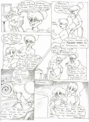 breasts comic dialogue empty_eyes female_only femdom femsub glasses greyscale happy_trance hypnotic_screen large_breasts monochrome sketch spiral suechan tech_control text traditional yuri
