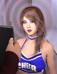  3d absurdres bare_shoulders black_eyes blue_eyes cheerleader cleavage expressionless femdom femsub large_breasts member9 original red_lipstick tech_control text 