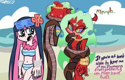 beach blue_hair blush coils crotch_rub demon_girl disney drool femsub green_hair horns hypnotic_eyes kaa kaa_eyes maledom monster_girl nipples panty_and_stocking_with_garterbelt pink_hair pussy_juice red_skin scanty snake snakeythingy stocking swimsuit text the_jungle_book