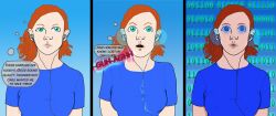  before_and_after binary_eyes breasts clothed comic curly_hair dazed earbuds electricity erect_nipples_under_clothes expressionless female_only femsub freckles glowing glowing_eyes gradient_background green_eyes melkur mhairi_(melkur) mind_hack open_mouth original red_hair robotization shirt simple_background t-shirt tech_control text thought_bubble 