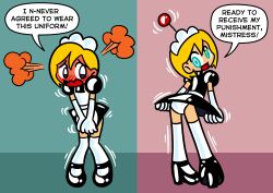  absurdres alenonimo antenna before_and_after blonde_hair blue_eyes blush dialogue female_only femsub forced_employee grey_eyes latex maid maid_headdress open_mouth original panties robotization simple_background solo speech_bubble tech_control text underwear 