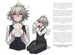 blush caption cum cum_drinking cum_on_body cum_on_face drool endendstart fate/apocrypha fate_(series) grey_hair hypnofyre_(manipper) hypnotic_cum kneeling male_only maledom malesub manip open_mouth red_eyes short_hair sieg_(fate/apocrypha) suit text yaoi