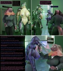  3d amnesia bethany_(thalarynth) brain_drain caption claws comic confused crocodile_girl dialogue eileen_cestra_(thalarynth) enemy_conversion english_text furry harem heather_(thalarynth) lizard_girl muscle_girl original progress_indicator scalie speech_bubble stasis_tank sue_(thalarynth) tech_control text thalarynth_(manipper) topless 