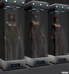 3d black_hair bottomless breasts brown_hair empty_eyes female_only femsub mannequin multiple_girls original red_hair standing standing_at_attention stasis_tank statue text topless voyer