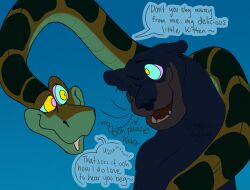 animals_only bagheera deeper_happier dialogue disney fangs happy_trance hypnotic_eyes kaa kaa_eyes male_only one_eye_open open_mouth resisting simple_background smile snake text the_jungle_book