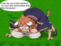 altered_perception black_clover cow_girl dialogue drlacto femsub horns large_breasts mereoleona_vermillion text transformation 