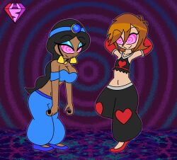  aladdin_(series) arms_above_head black_hair breasts brown_hair cleavage clothed dancer dancing dark_skin disney earrings eyeshadow femsub happy_trance harem_outfit heart_eyes hypnoscream hypnotic_dance kingdom_hearts leaning_forward long_hair makeup maledom midriff navel princess princess_jasmine ring_background royalty short_hair smile sora square_enix symbol_in_eyes 