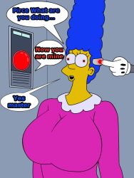 alezgamerxd blue_hair breasts femsub hypnotic_accessory large_breasts marge_simpson remote_control robot tech_control text the_simpsons yellow_skin