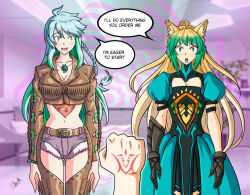 alerith atalanta_(fate) before_and_after blonde_hair blue_eyes blue_hair blush breasts cleavage command_seal dialogue drool english_text fate/grand_order fate_(series) femsub gloves green_eyes green_hair happy_trance kukulkan_(fate/grand_order) magic multicolored_hair multiple_girls ritsuka_fujimaru_(male) speech_bubble text