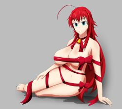  absurdres ahoge barefoot bell_collar blue_eyes breasts christmas cleavage collar femsub happy_trance high_school_dxd huge_breasts large_breasts long_hair lying midriff naked_ribbon red_hair rias_gremory ribbon soex 