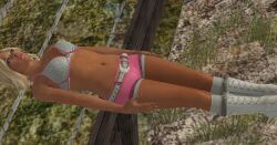 3d belt blonde_hair boots breasts cleavage collarbone female_only femsub fishnets gmod huge_breasts kelly_kelly lying navel pink_lipstick short_hair shorts solo vg-mc white_eyes whitewash_eyes wwe