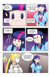  blonde_hair blue_eyes bra cleavage comic crossover doll doll_joints dress empty_eyes equestria_girls facial_markings hair_buns large_breasts long_hair magic multicolored_hair my_little_pony open_shirt princess purple_eyes sailor_moon sailor_moon_(series) smile staff standing_at_attention story text twilight_sparkle twintails wadevezecha western whitewash_eyes 
