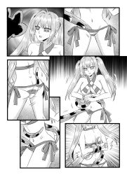 arms_behind_back bikini bondage coils comic crotch_rub dazed disney fate/grand_order fate_(series) kaa kaa_eyes large_breasts long_hair monochrome nero_claudius_caesar_augustus_germanicus_(fate) nilanandita resisting restrained snake the_jungle_book twintails