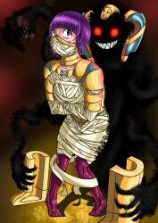 bandage cofagrigus femsub ghost mrbones2210 mummification mummy nintendo pokemon pokemon_(creature) purple_hair shauntal tagme