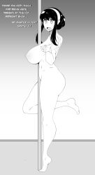 bangs black_hair blush breasts dialogue empty_eyes female_only femsub greyscale hairband happy_trance huge_breasts jostony24k0 looking_at_viewer milf monochrome nipples nude open_mouth pole_dancing simple_background smile solo spy_x_family text tied_hair yor_briar